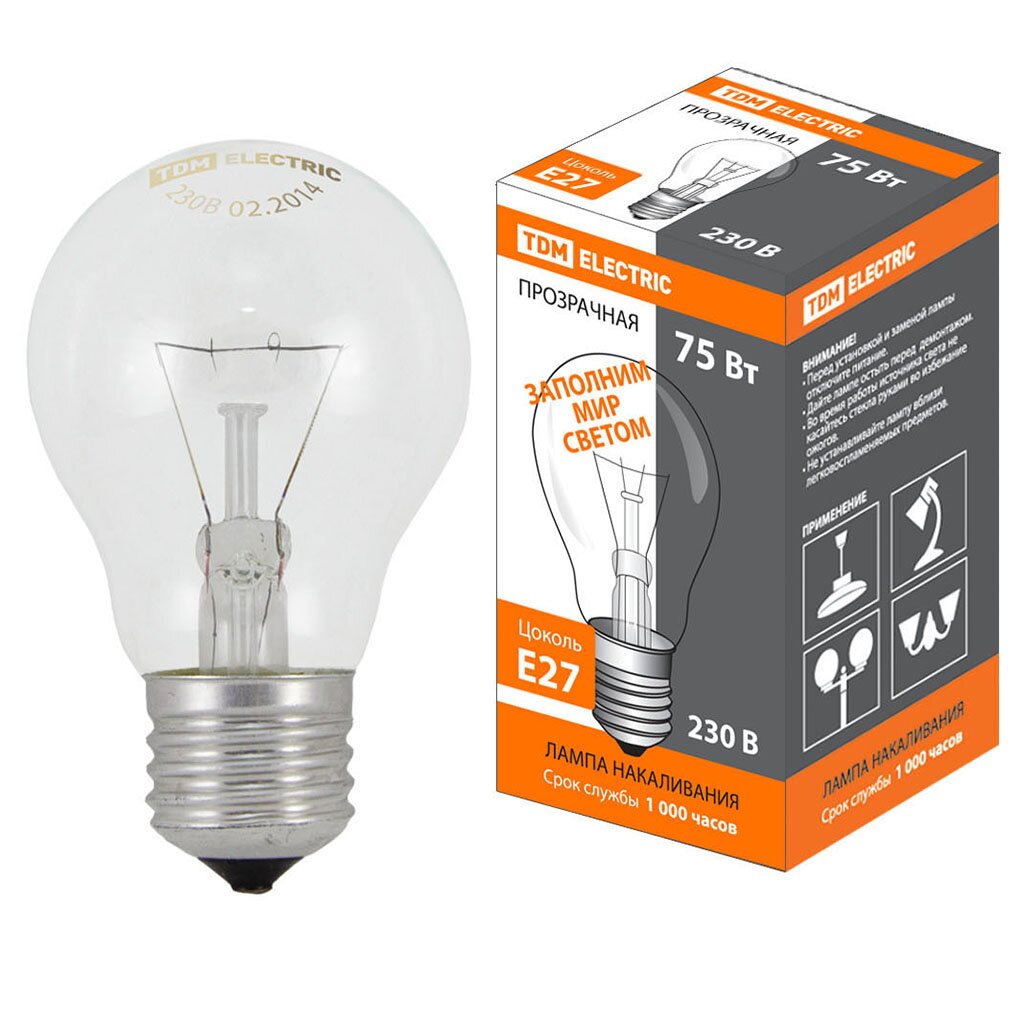 Лампа накаливания E27, 75 Вт, груша/гриб, TDM Electric, SQ0332-0037
