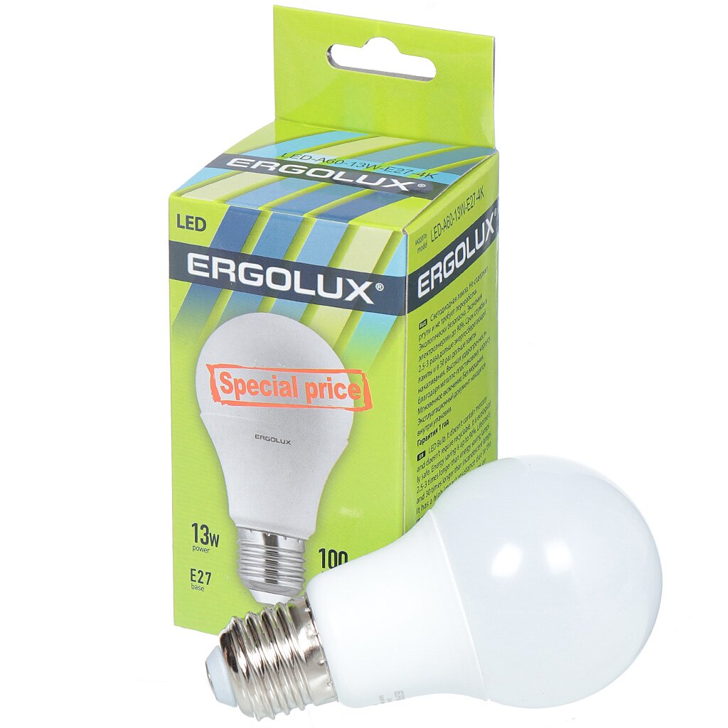 Лампа светодиодная E27, 13 Вт, 100 Вт, груша, 4500 К, свет холодный белый, Ergolux