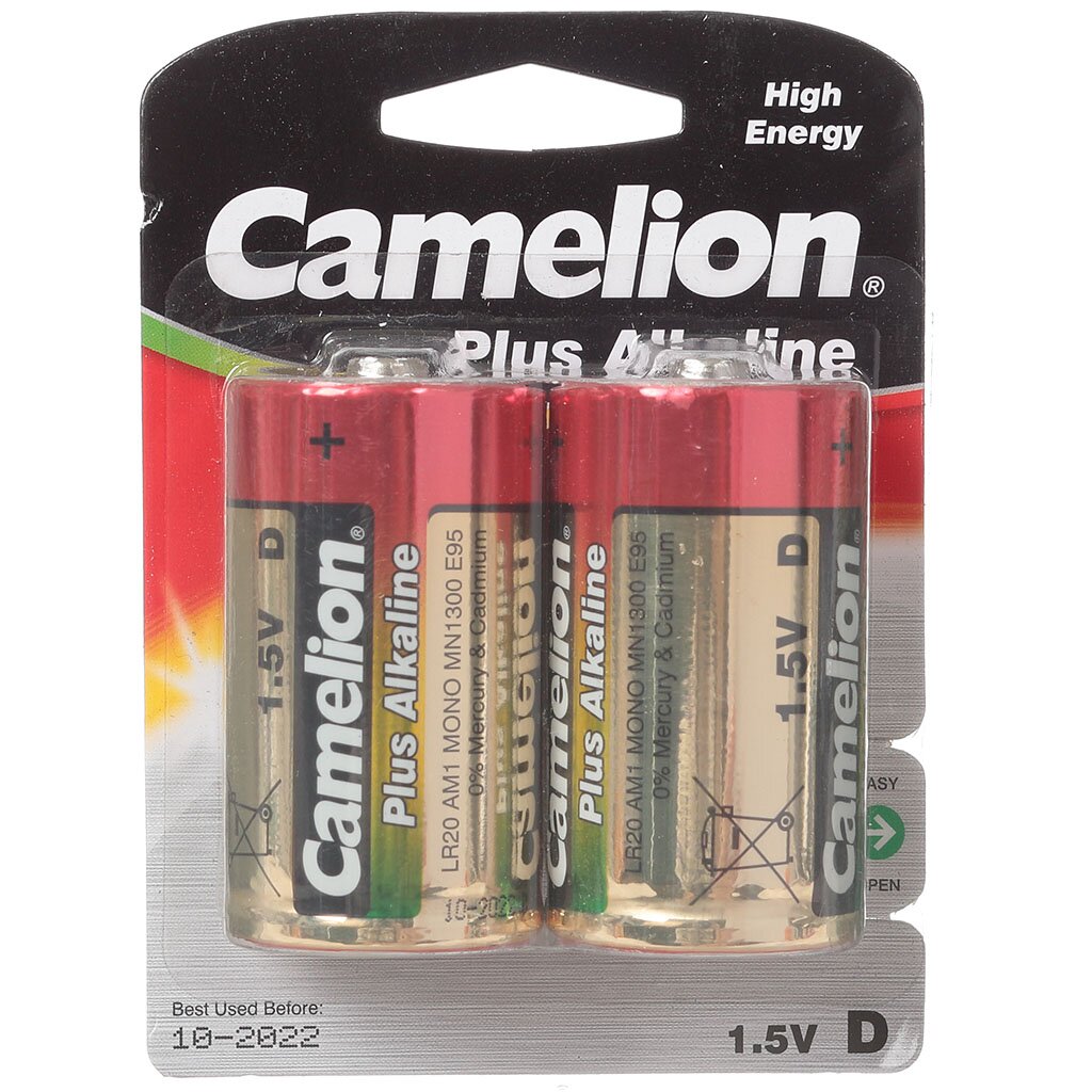 Батарейка Camelion, D (LR20), Alkaline Plus, щелочная, блистер, 2 шт, 1654 sonnen батарейки alkaline аа lr6 15а пальчиковые 24