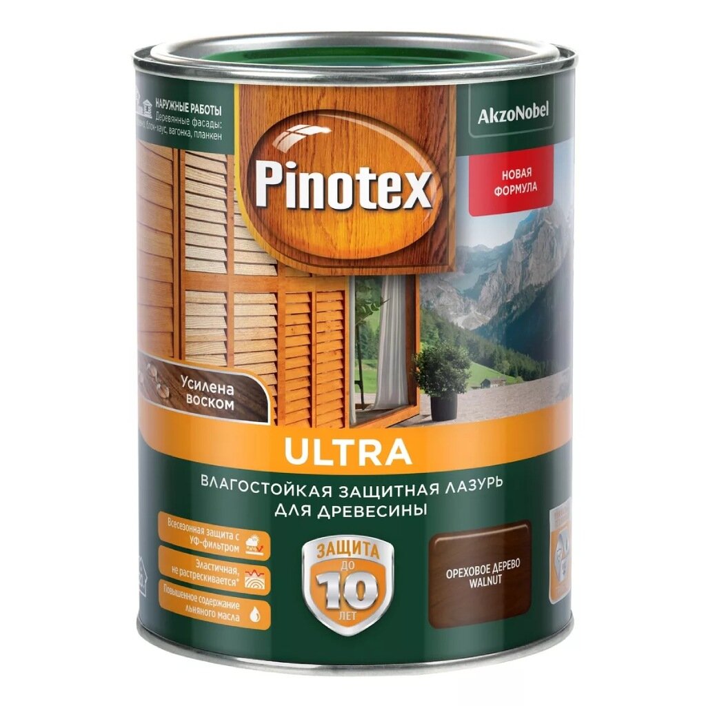 Пропитка Pinotex, Ultra, для дерева, защитно-влагостойкая, орех, 1 л