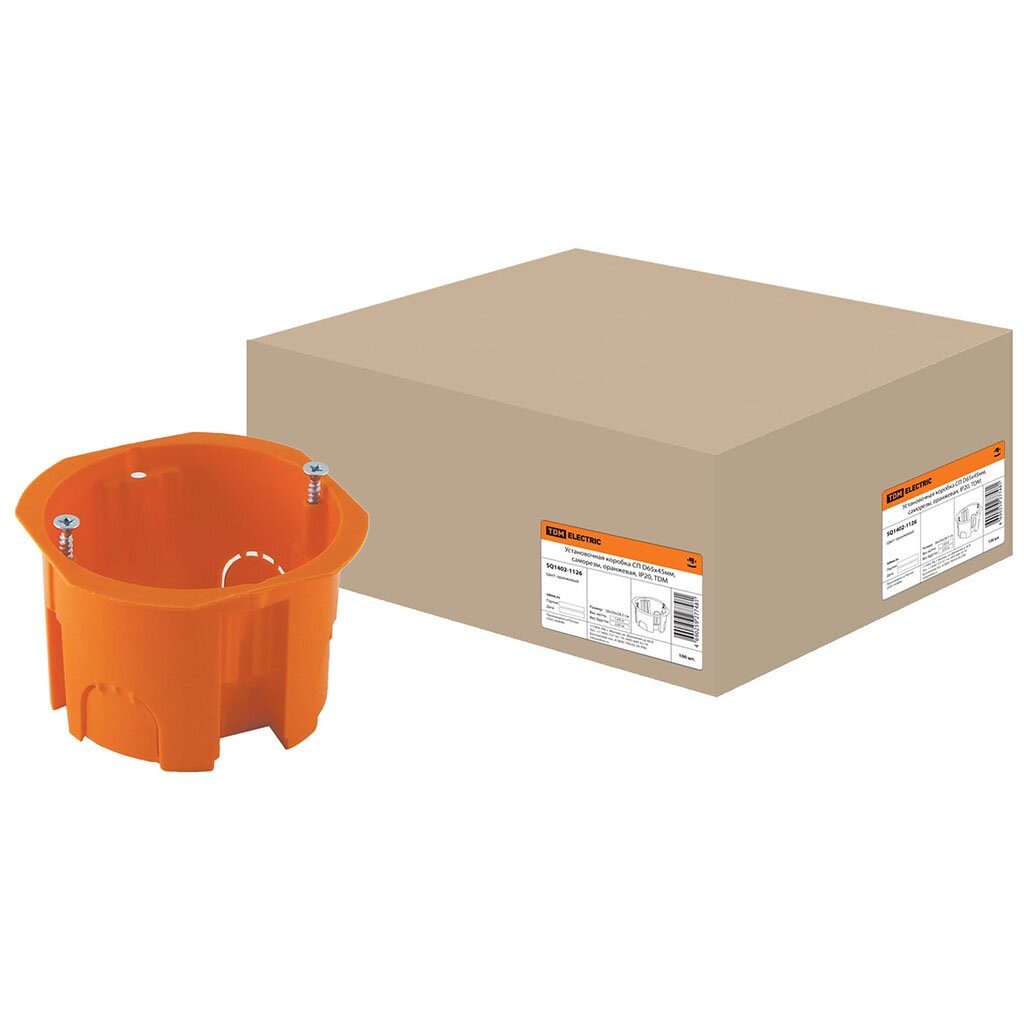 Коробка установочная, пластик, скрытая, диаметр 65х45 мм, TDM Electric, в бетон, с саморезами, оранжевая, IP20, SQ1402-1126
