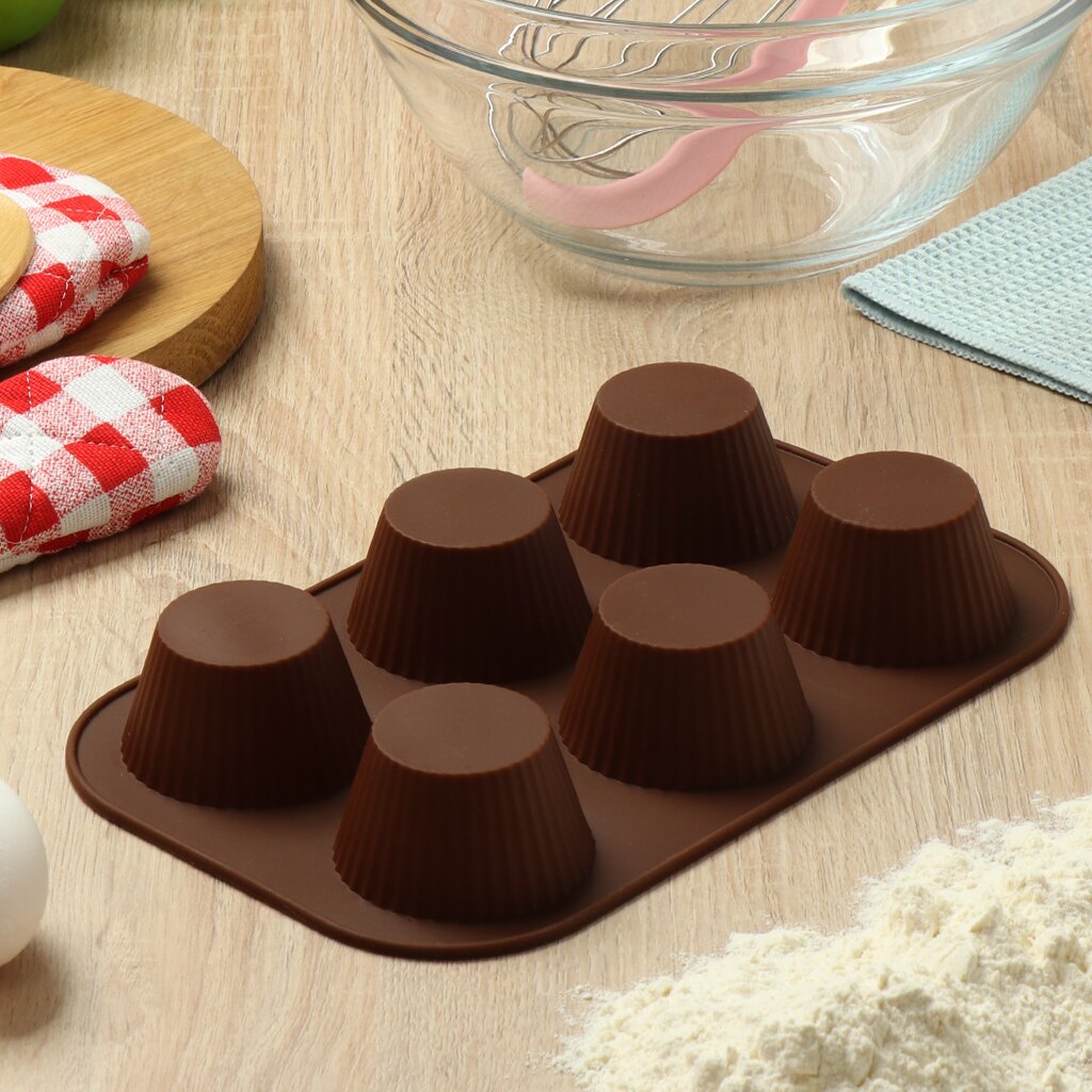 Форма для запекания силикон, 17.5х25.5 см, прямоугольная, 6 кексов, шоколад, Daniks, Savory, Y4-4965 форма для запекания силикон 29х20х6 5 см прямоугольная шоколад daniks savory y4 4969