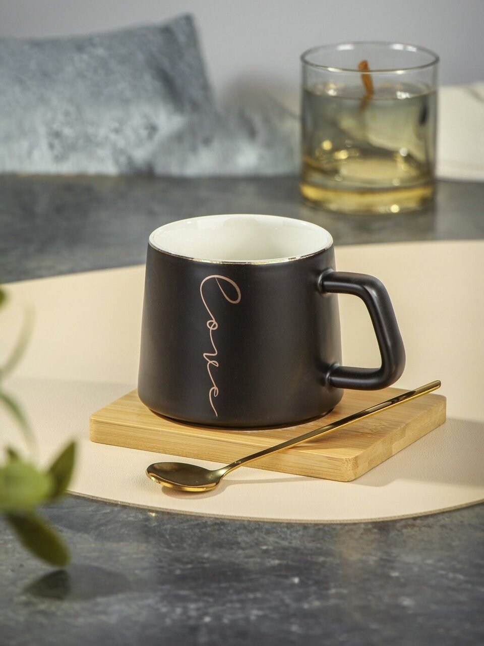 Чайная пара керамика, 3 предмета, на 1 персону, 250 мл, Лав, с бамбуковым блюдцем и ложкой, Y4-9003, в ассортименте