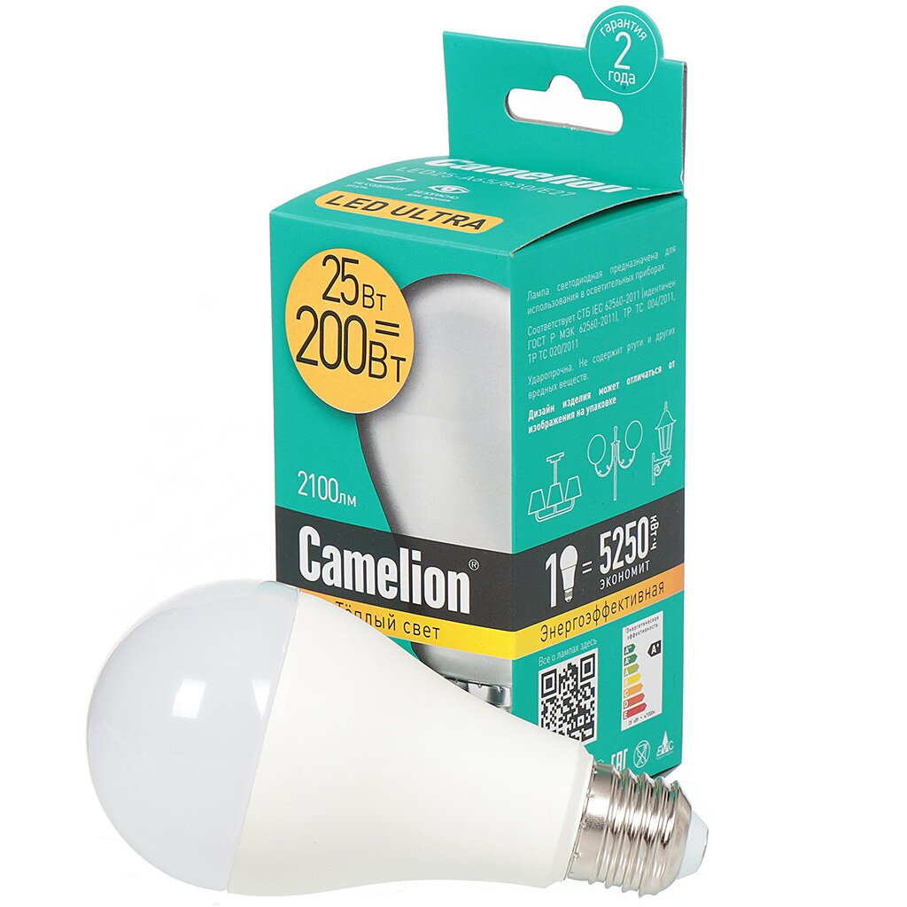 Лампа светодиодная E27, 25 Вт, 200 Вт, 220 В, груша, 3000 К, свет теплый белый, Camelion