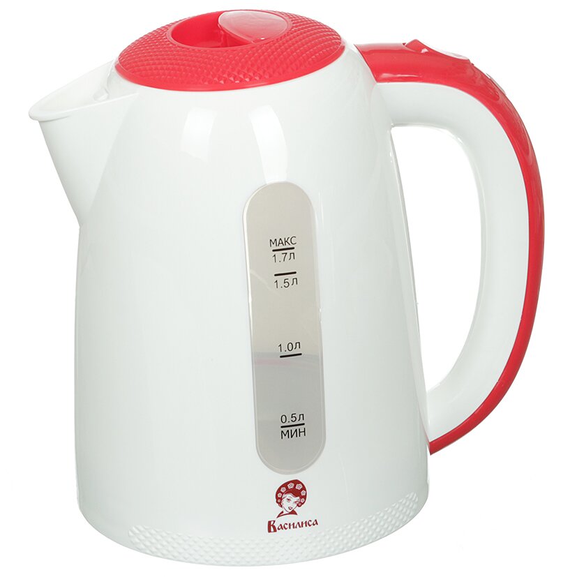 Чайник электрический Василиса, Т17-2200, белый с красным, 1.7 л, 2000 Вт, скрытый нагревательный элемент, пластик