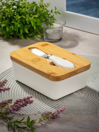 Масленка керамика, 15.7х11х6 см, бамбук, с ножом, Y4-6618