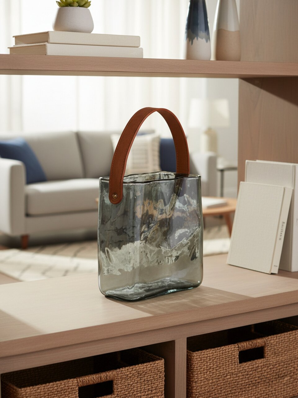 Ваза стекло, настольная, Сумочка, Y4-11052, 18х11х19 см, ручка экокожа, серая