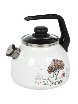 Чайник сталь, эмалированное покрытие, 3 л, со свистком, ручка пластиковая, Appetite, Apple Tree, индукция, белый, 4с209я