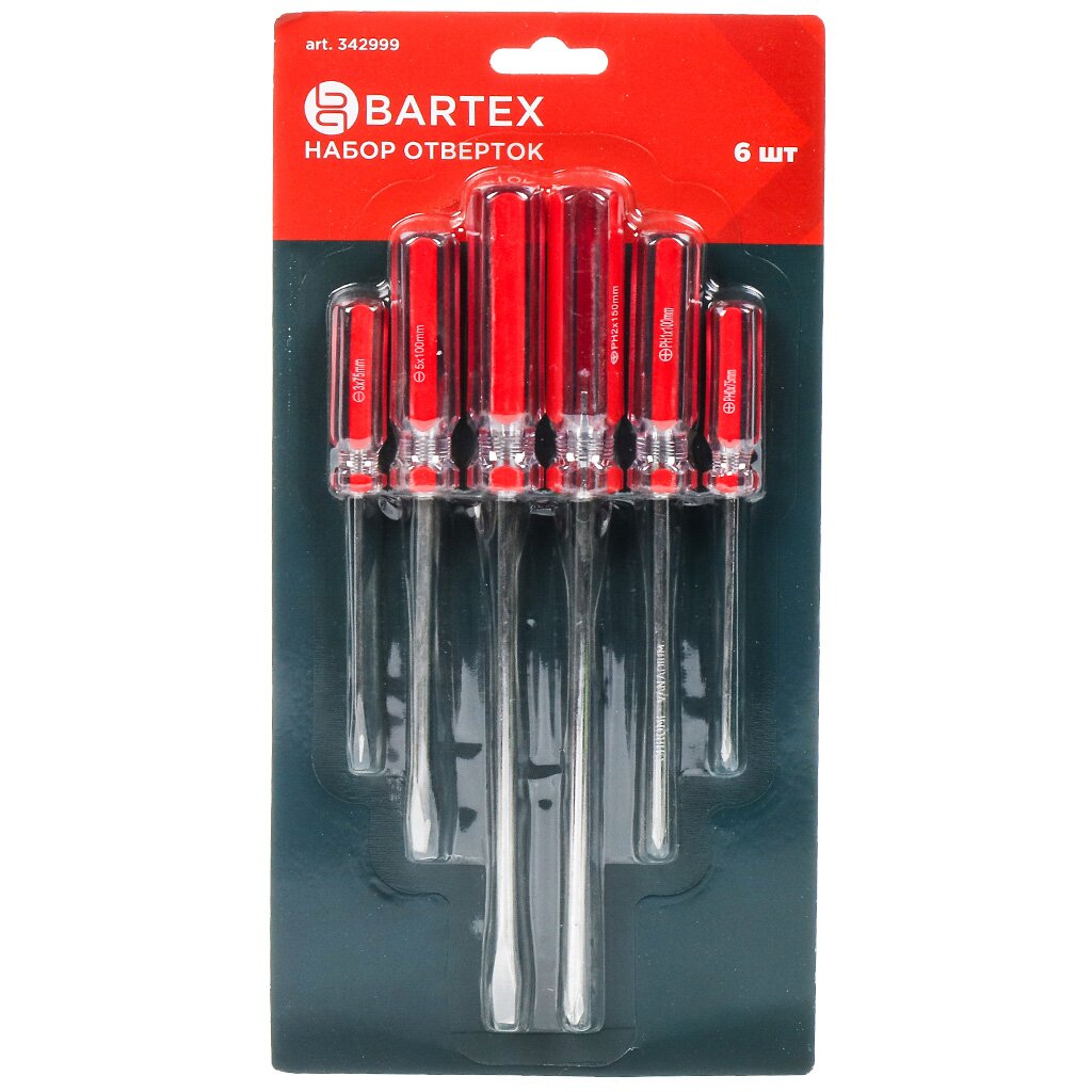Набор отверток 6 предметов, Bartex, PH 0,1,2/ SL 3,5,6, ручка пластиковая, CrV сталь, блистер набор бит bartex 61 шт магнитный адаптер crv