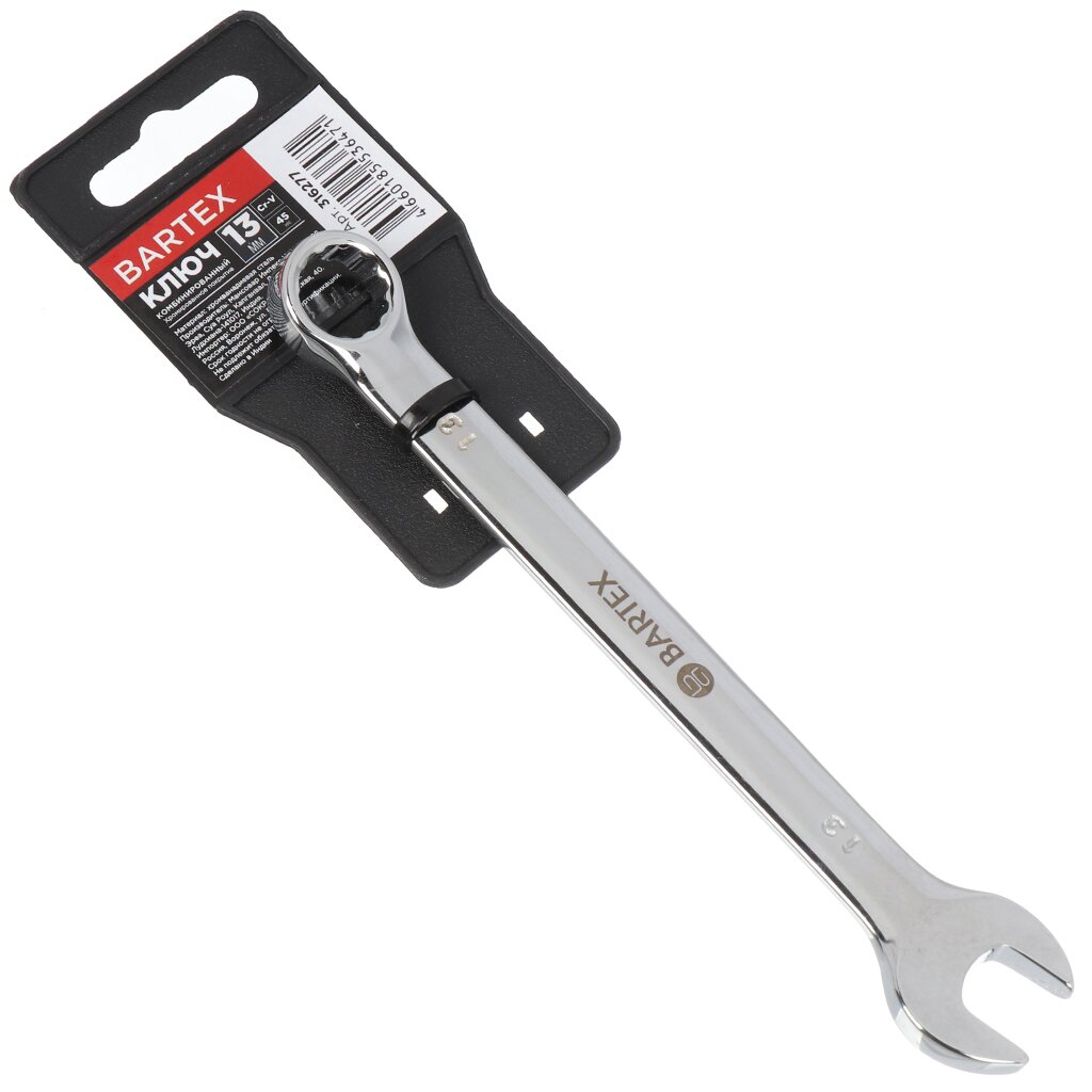 Ключ комбинированный, Bartex, 13 мм, хромированный зеркальный, CrV сталь ключ комбинированный 22 мм хромированный sparta