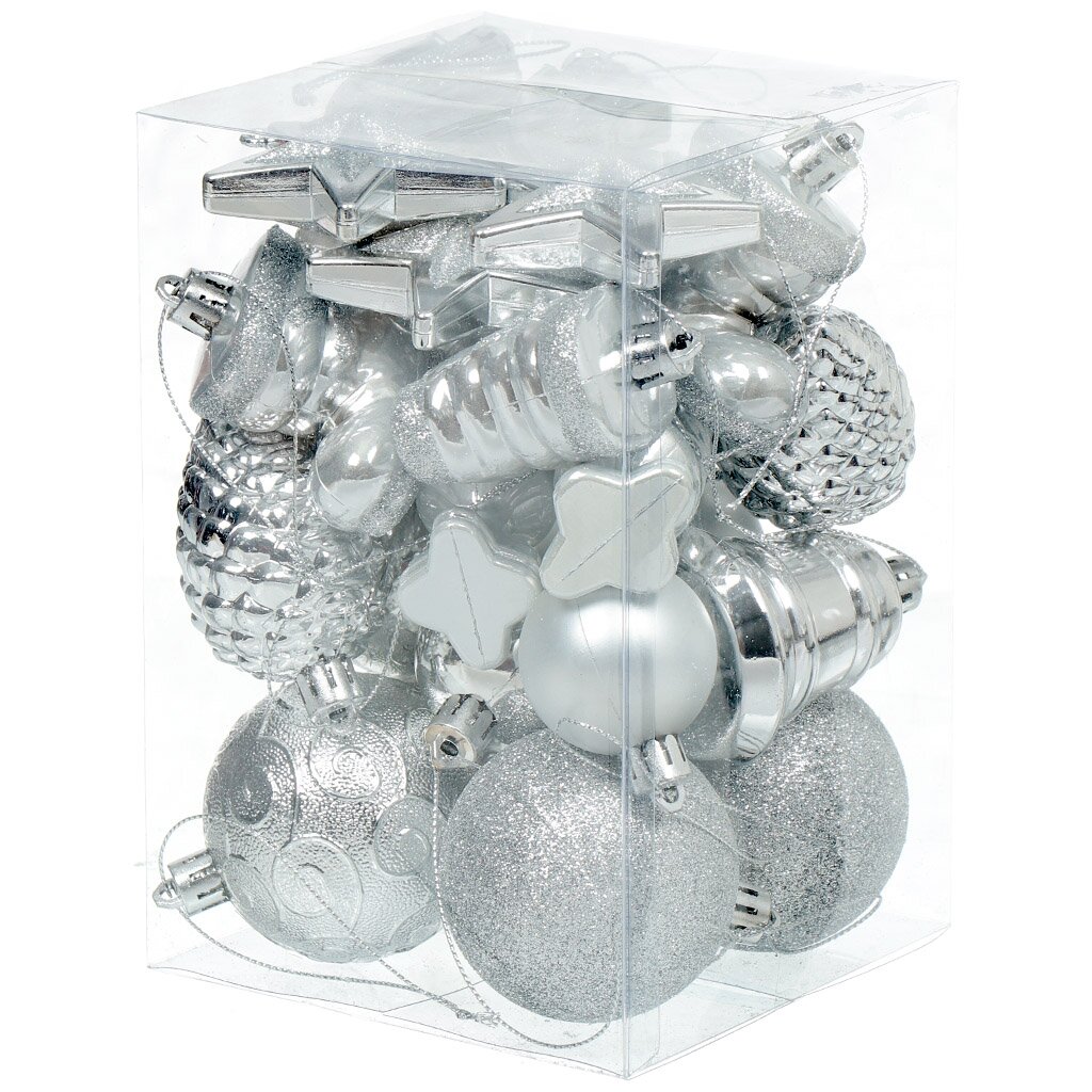 Елочный шар 25 шт, серебро, жемчужный, 6 см, пластик, SY18ST-155