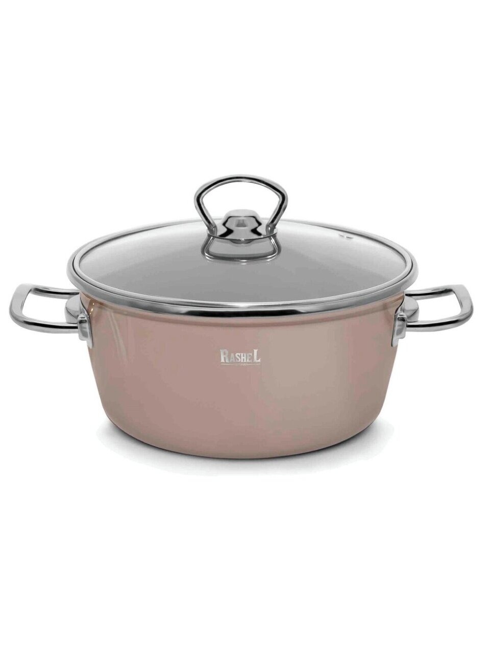 Кастрюля эмалированная сталь, 2.1 л, крышка стекло, ручки хром, RasheL, R2018, кремово-розовая, индукция