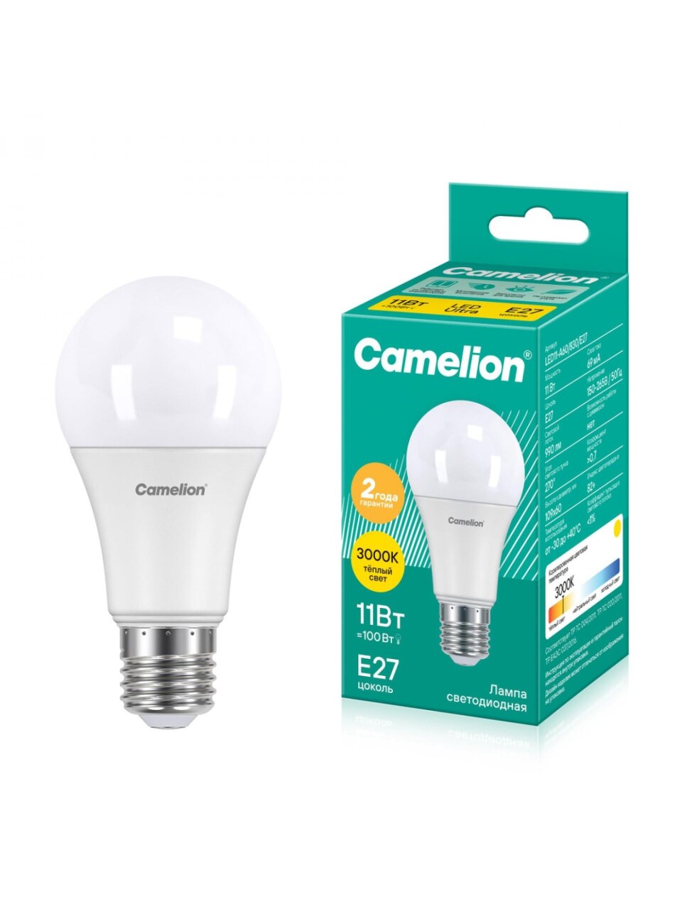 Лампа светодиодная E27, 11 Вт, 100 Вт, груша, 3000 К, теплый белый свет, Camelion, 12035