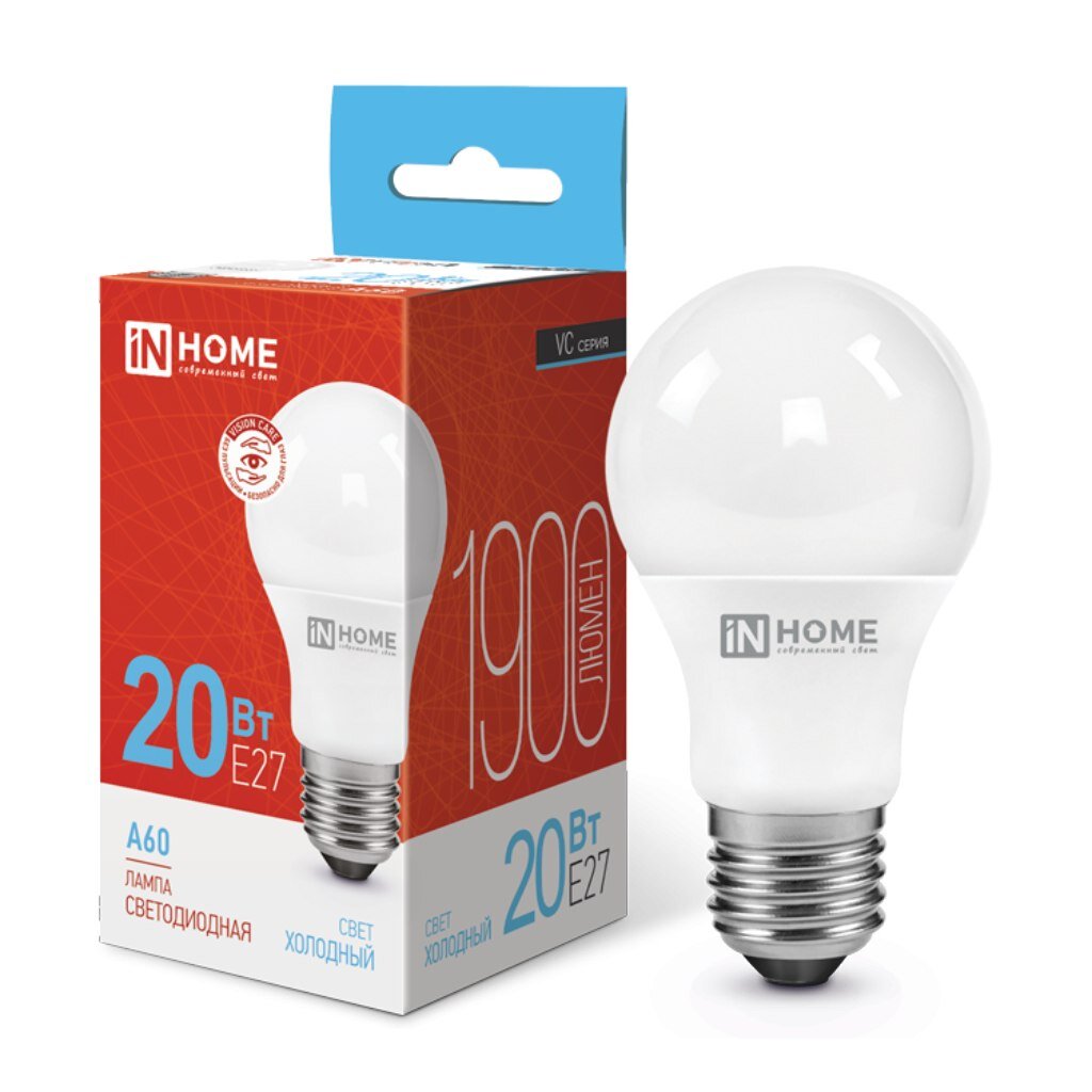 Лампа светодиодная E27, 20 Вт, 200 Вт, 230 В, груша, 6500 К, свет холодный белый, In Home, LED-A60-VC