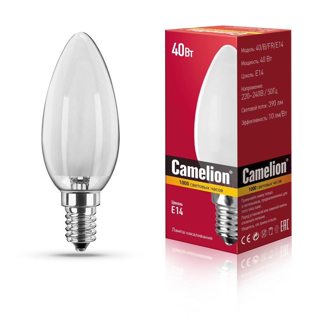 Лампа накаливания с матовой колбой, свеча MIC Camelion 40/B/FR/E14