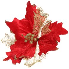 Цветок искусственный декоративный 16 см, на прищепке, красно-золотой, Пуансеттия, Y4-4175