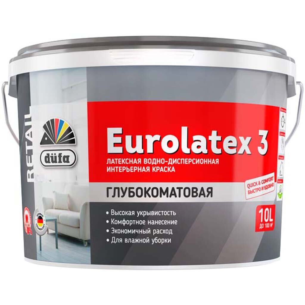 Краска воднодисперсионная, Dufa, Eurolatex 3, латексная, интерьерная, моющаяся, влагостойкая, матовая, 10 л