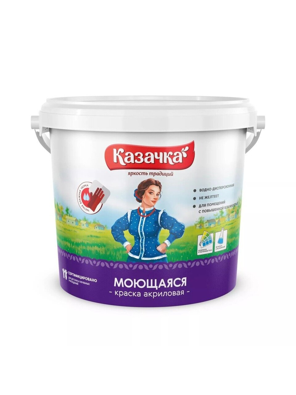 Краска водно-дисперсионная, Казачка, W-4, акриловая, универсальная, моющаяся, влагостойкая, матовая, 4.5 кг