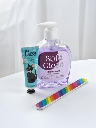 Набор для женщин, мыло жидкое Softi Clean, 300 мл + крем для рук, Olea, 30 мл + пилка маникюрная
