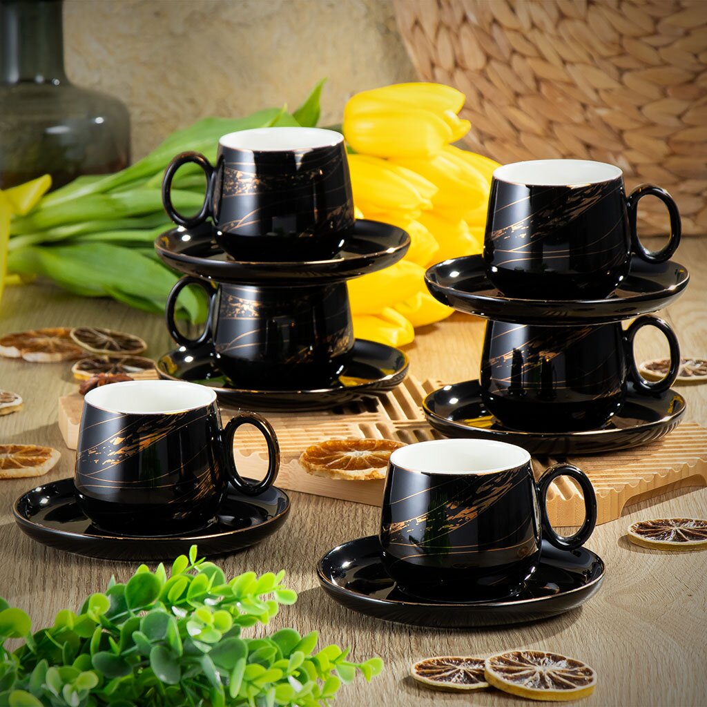 Набор чайный керамика, 12 предметов, на 6 персон, 180 мл, Черный мрамор, Y4-6608, подарочная упаковка чайный набор 5 предметов rpo 115024 5 rosenberg