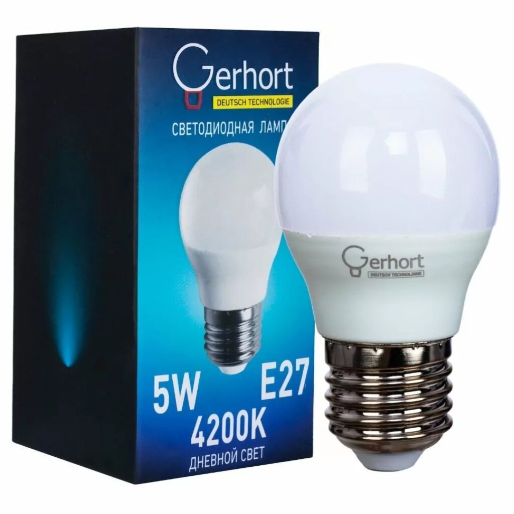 Лампа светодиодная E27, 5 Вт, шар, 4200 К, свет дневной, Gerhort, Лампа