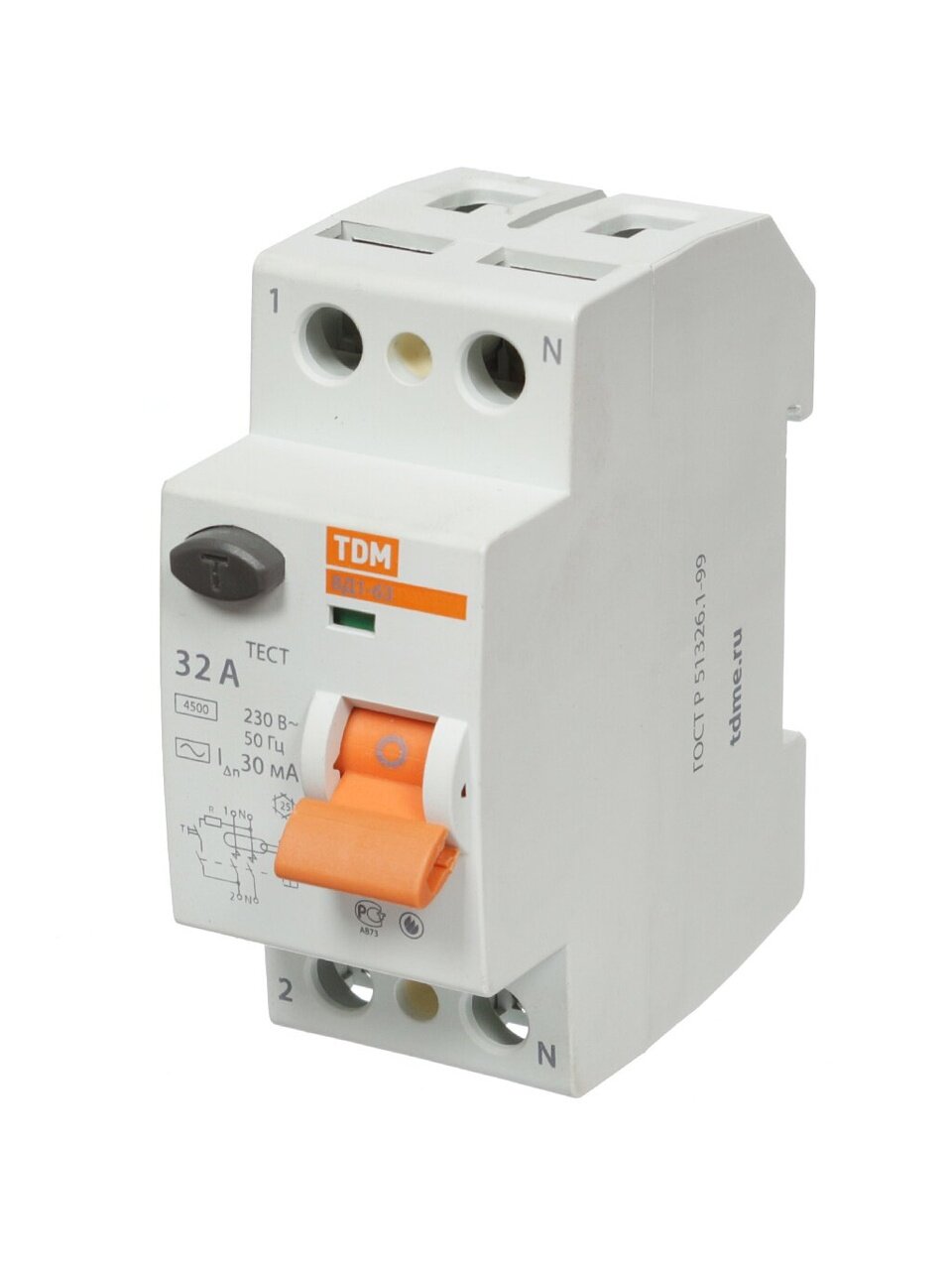 Устройство защитного отключения TDM Electric, ВД1-63, 2 полюса, 32 А, 30 мА, sq0203-0010