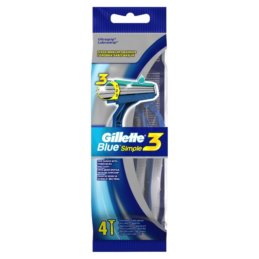 Станок для бритья Gillette, Blue Simple3, для мужчин, 3 лезвия, 4 шт, одноразовые, BLI-81631554 станок для бритья gillette для мужчин 2 лезвия 5 шт одноразовые