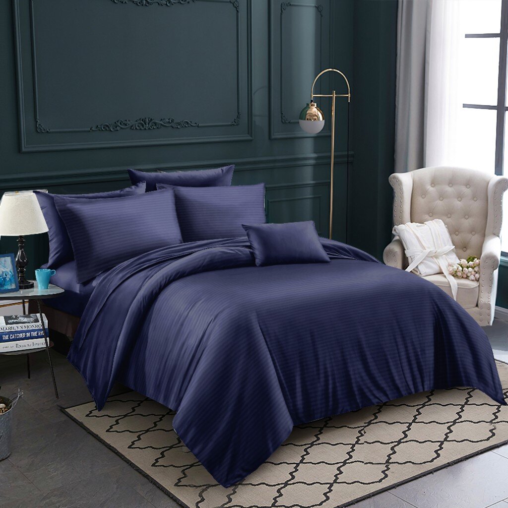 Постельное белье 1.5-спальное, простыня 150х220 см, 2 наволочки 70х70 см, пододеяльник 145х215 см, Майская ночь, страйп-полисатин, синее, 11/006-PSS/MAY