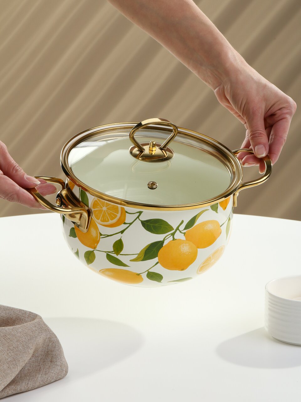 Кастрюля эмалированная сталь, 2.7 л, крышка стекло, Daniks, Лимоны, индукция