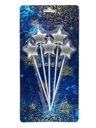 Свеча для торта, 2.5 см, 5 шт, серебро, Звезды, на длинных шпажках, Ч53180