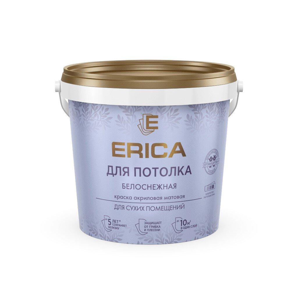 Краска воднодисперсионная, Erica, акриловая, для потолков, матовая, белая, 1.4 кг
