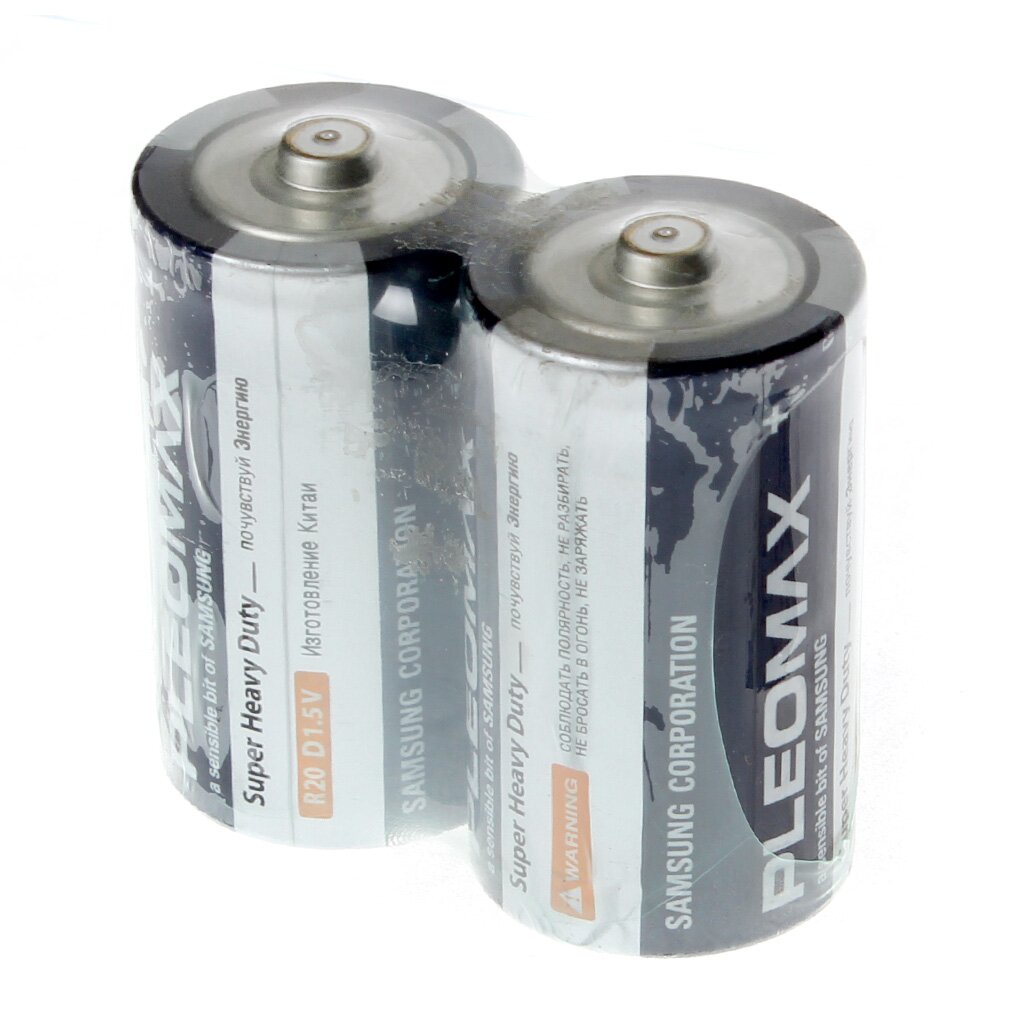 батарейка ergolux 9v 6lr61 6f22 zinc carbon солевая 9 в спайка 12443 Батарейка Pleomax, D (R20), Super heavy duty Samsung, солевая, 1.5 В, спайка, 2 шт