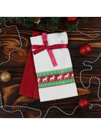 Набор полотенец кухонных 2 шт, 40х60 см, махровый и вафельный, 100% хлопок, Silvano, Северные олени, красно-белый, Турция
