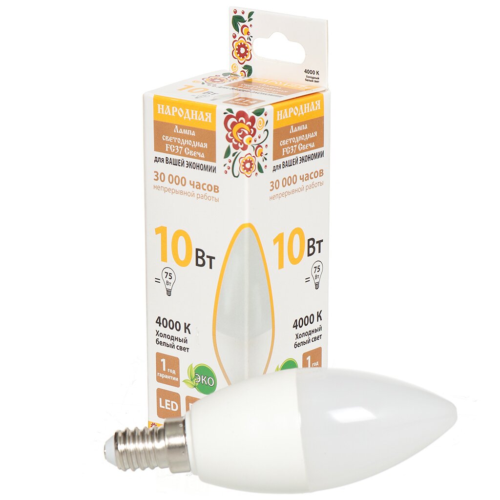 Лампа светодиодная E14, 10 Вт, 75 Вт, свеча, 4000 К, свет холодный белый, TDM Electric, Народная