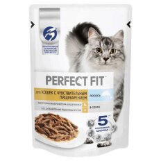 Корм для животных Perfect Fit, 75 г, для кошек с чувствительным пищеварением, кусочки в соусе, лосось, N1804