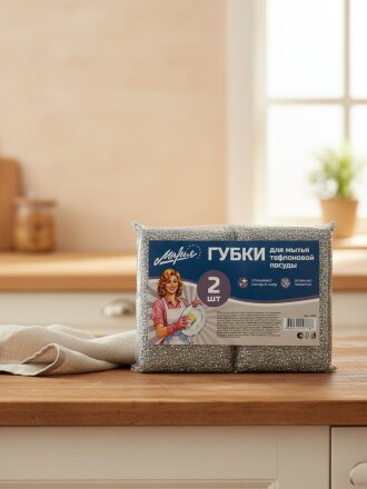 Губка для тефлоновой посуды, 2 шт, поролон, в оплетке, Марья Искусница