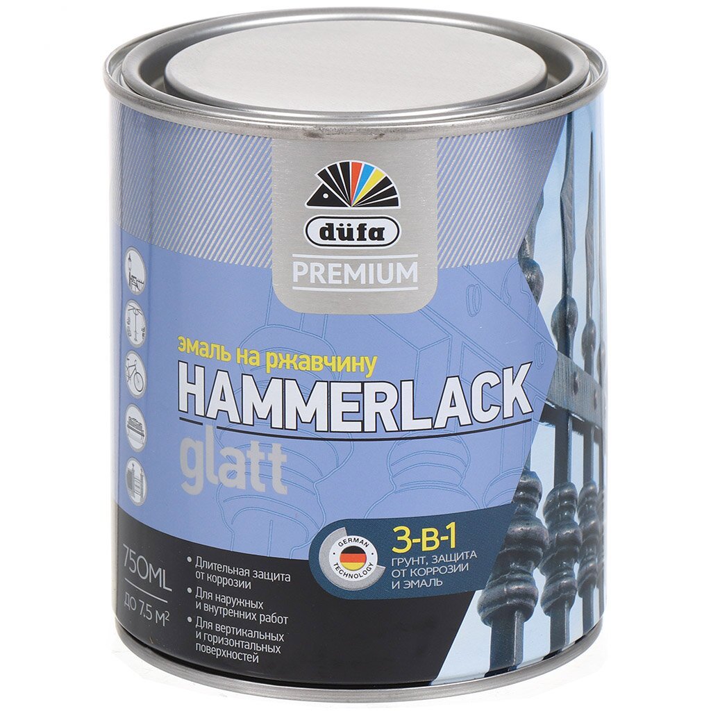 Эмаль Dufa Premium, Hammerlack, по ржавчине, алкидная, глянцевая, серая, RAL 7040, 750 мл