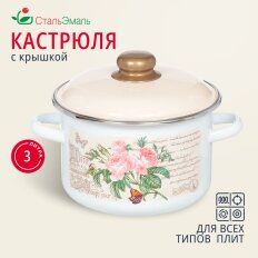 Кастрюля эмалированная сталь, 3 л, с крышкой, крышка сталь, СтальЭмаль, Мэри белоснежная, 6RD181M, индукция