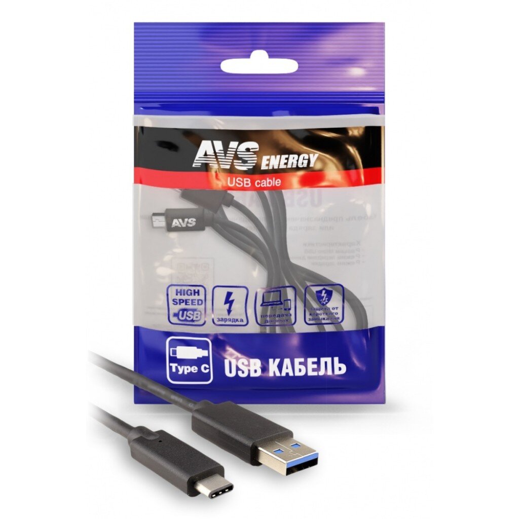 Кабель USB, AVS, TC-31, Type-C, 1 м, USB 2.0, черный, A78883S кабель usb avs tc 361s type c 1 м usb 2 0 усиленный в пакете a40283s