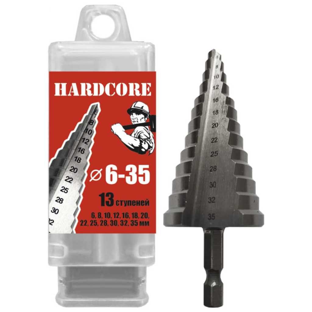 Сверло по металлу, шаговое, Hardcore, 6-35 мм (13 ступ.), шестигранник, 142635 модульное шаговое реле finder