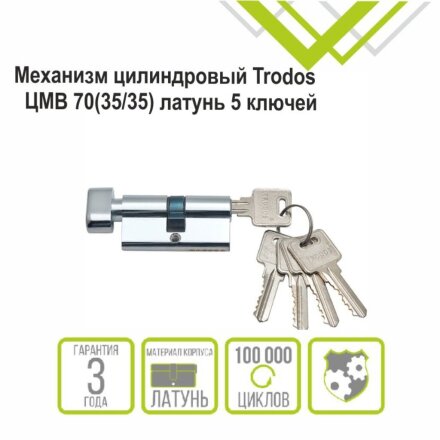 Личинка замка двери Trodos, ЦМВ, 209205, 70 мм, с заверткой, хром, блистер, 5 ключей