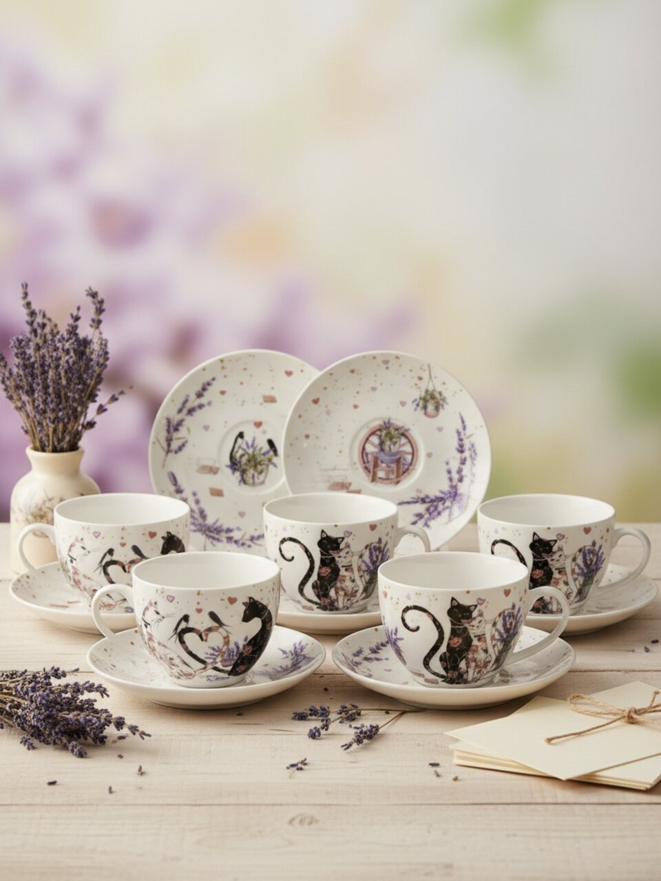 Набор чайный фарфор, 12 предметов, на 6 персон, 275 мл, Lefard, Лавандовые коты, 425-173, подарочная упаковка