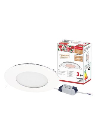 Светильник светодиодный, TDM Electric, Даунлайт народный СВО, 3 Вт, 3000 К, 180 Лм, IP20, 8.3х8.3х2.1 см, ультратонкий, белый, SQ0329-0093