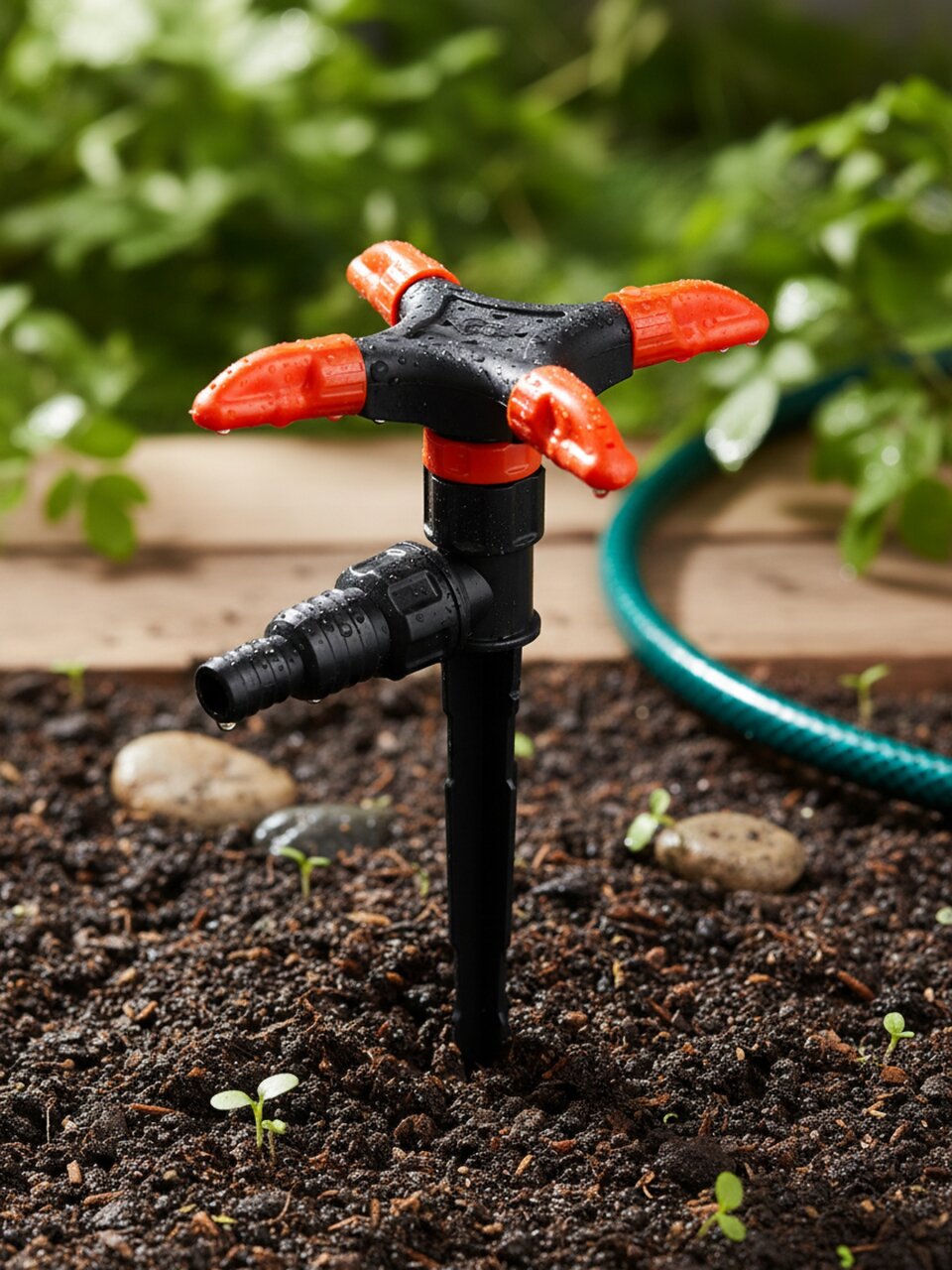 Разбрызгиватель четырехлепестковый, пластик, быстросъемный, на ножке, Grandy, черный с красным