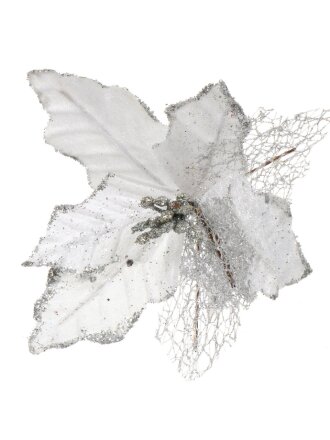 Цветок искусственный декоративный 16 см, на прищепке, серебро, Пуансеттия, Y4-4169