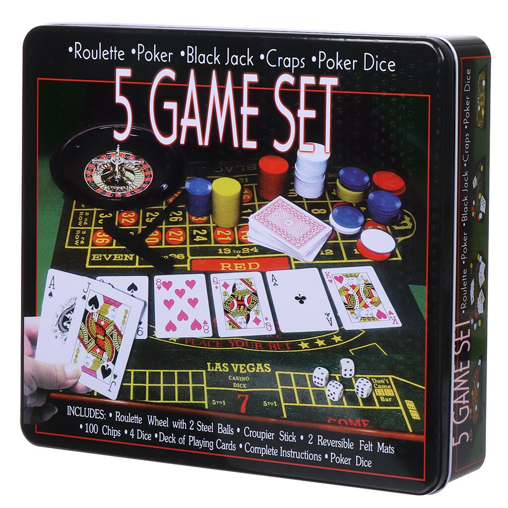 Игра настольная 5в1, 33х29х6.5 см, фишки 100 штук, колода карт, рулетка, Y6-6374 игра настольная покер 21х21х7 см фишки 100штук 2 колоды карт игральные кости y6 6377
