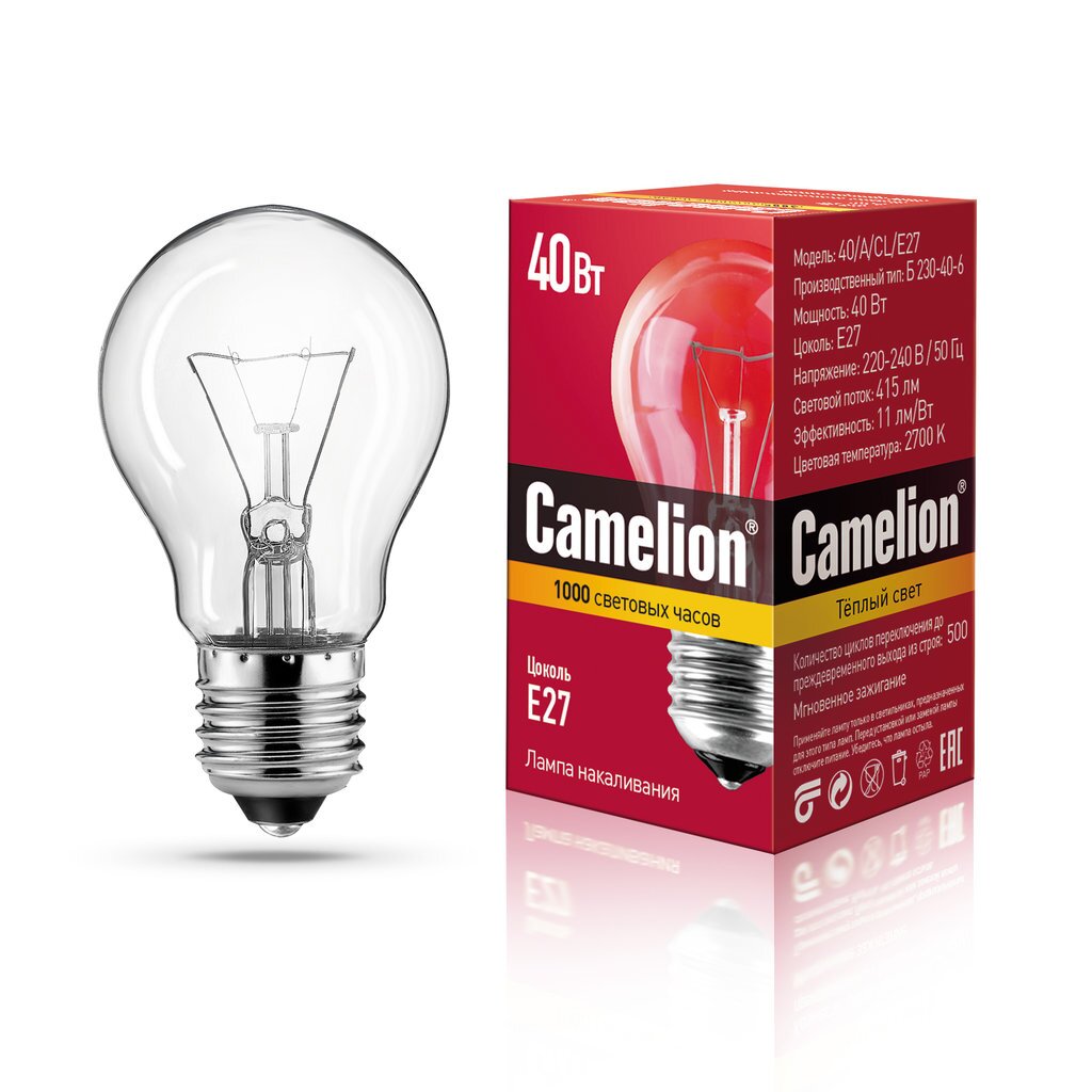 Лампа накаливания с прозрачной колбой, ЛОН, Б230-40-6 Camelion 40/A/CL/E27