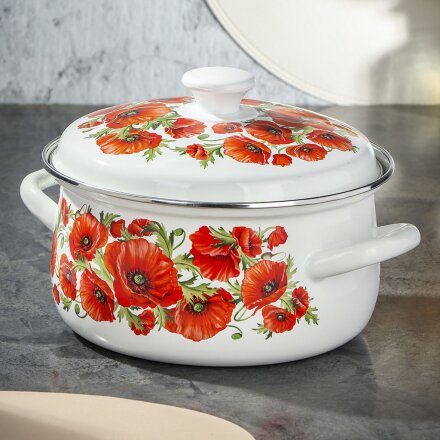 Кастрюля эмалированная сталь, 3 л, крышка сталь, сферический, Daniks, Маковый цвет, 61904-122/6-У