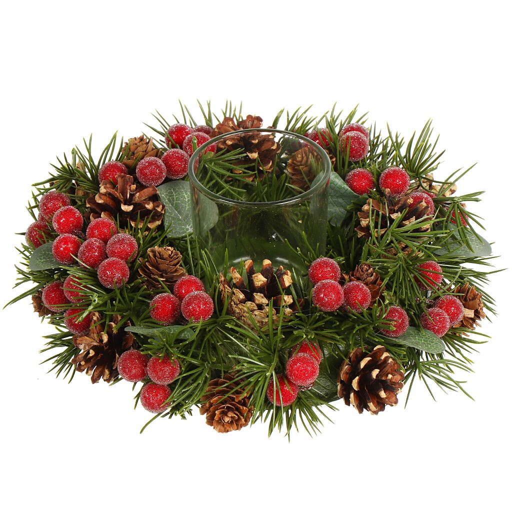 Подсвечник 1 свеча, 24 см, с ягодами, для свечи до 8.5 см, SYSGZSA-4623013 венок рождественский 40 см с шишками заснеженный syhha 0823076
