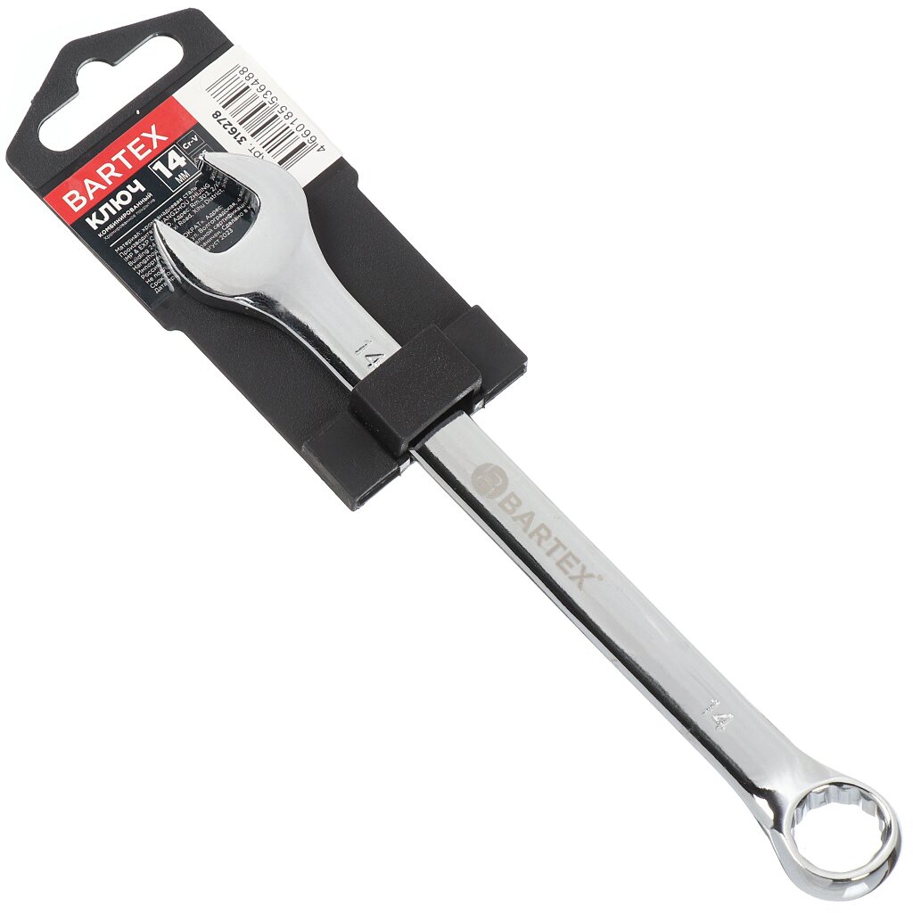 Ключ комбинированный, Bartex, 14 мм, хромированный зеркальный, CrV сталь ключ комбинированный bartex 10 мм crv сталь эко